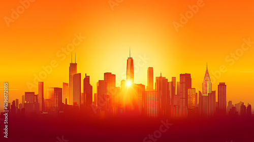 A vibrant city skyline at sunset with glowing buildings. Twilight Horizon Glow. Illustration