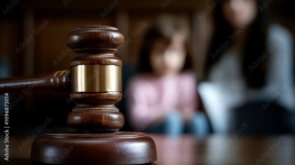 A wooden gavel rests on a block in the foreground, with a mother and daughter blurred in the background. A wooden gavel rests on a block in the foreground, with a mother and daughter blurred in the background.