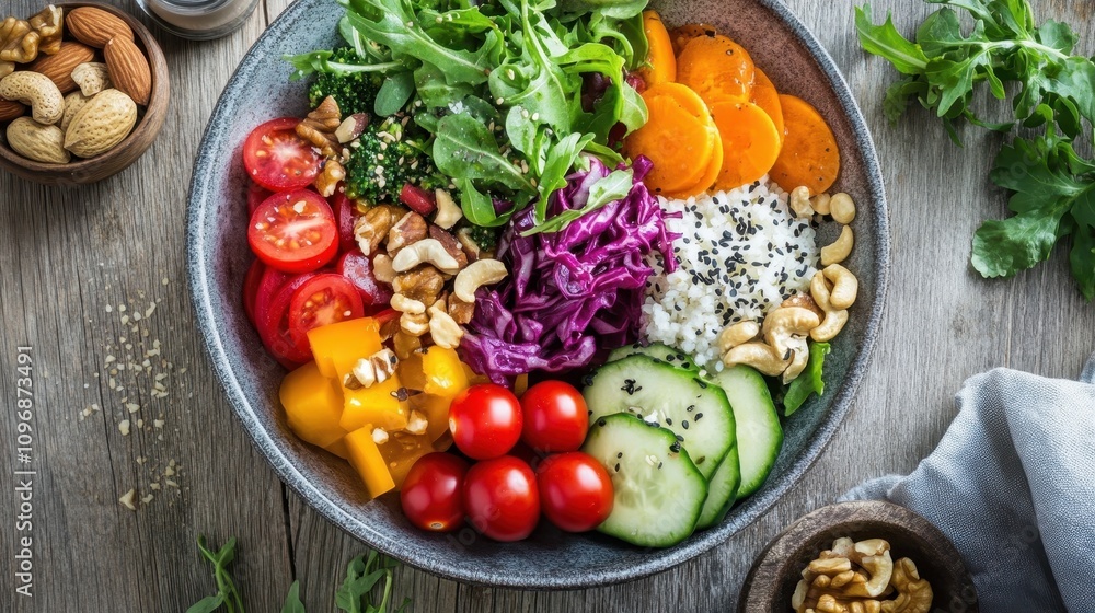 Freshly Prepared Salad Bowl with Colorful Vegetables and Nuts Freshly Prepared Salad Bowl with Colorful Vegetables and Nuts