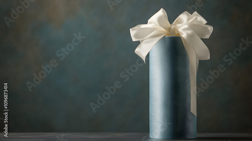 A tall cylindrical gift wrapped in pale blue paper and tied with a cascading satin bow in ivory.