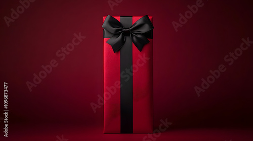 A tall gift box wrapped in metallic red paper adorned with a sleek black satin bow.