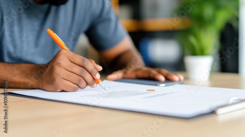 A close-up of a person's hand holding an orange pen, focused on writing important notes on a paper at a desk, symbolizing productivity and creativity.