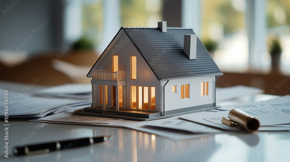 Detailed Miniature House Model Placed on a Desk Symbolizing Real Estate Detailed Miniature House Model Placed on a Desk Symbolizing Real Estate