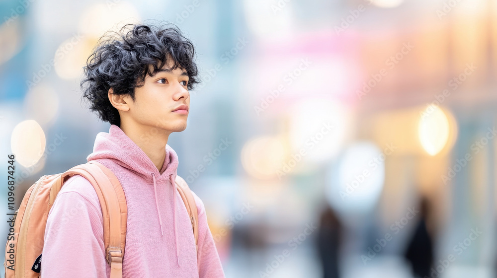Fototapeta premium A thoughtful young man gazing into the distance in an urban setting, wearing a pink hoodie and equipped with a stylish backpack.