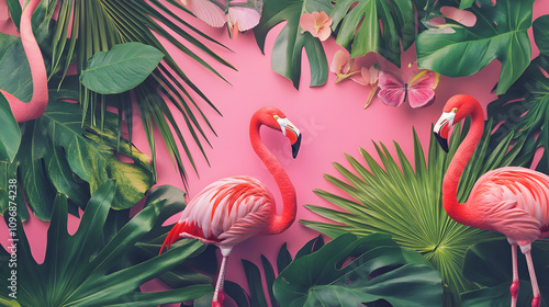 A tropical-themed birthday card with palm leaves flamingos and vibrant pink and green hues.