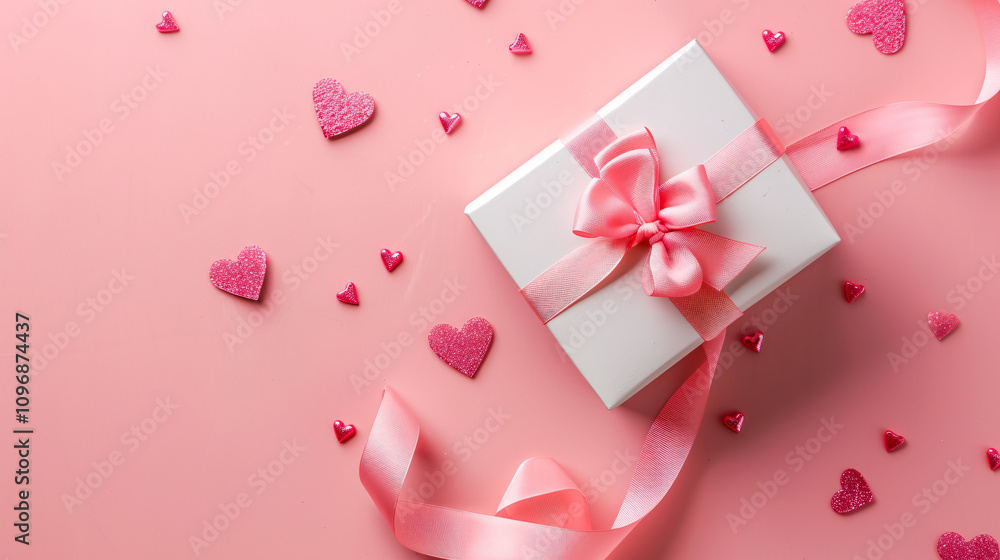 Valentine's Day Giftbox: Top view photo of Valentine's Day decorations with a white gift box with a pink silk ribbon bow and small hearts on an isolated pastel pink background with copyspace. Valentine's Day Giftbox: Top view photo of Valentine's Day decorations with a white gift box with a pink silk ribbon bow and small hearts on an isolated pastel pink background with copyspace.