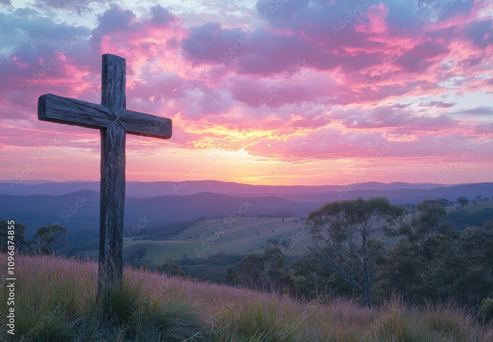 Serene Landscape at Sunset Featuring a Rustic Wooden Cross Surrounded by Rolling Hills and Lush Greenery Under a Colorful Sky with Soft Clouds Serene Landscape at Sunset Featuring a Rustic Wooden Cross Surrounded by Rolling Hills and Lush Greenery Under a Colorful Sky with Soft Clouds