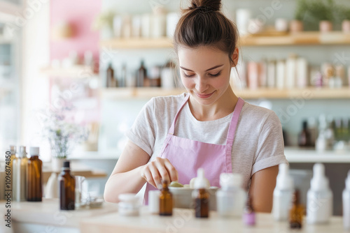 A woman prepares natural skincare products in her workshop, showcasing creativity and passion for beauty and wellness. photo