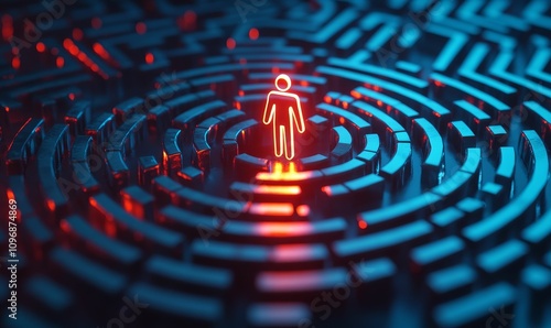 Neon figure in glowing circular maze.