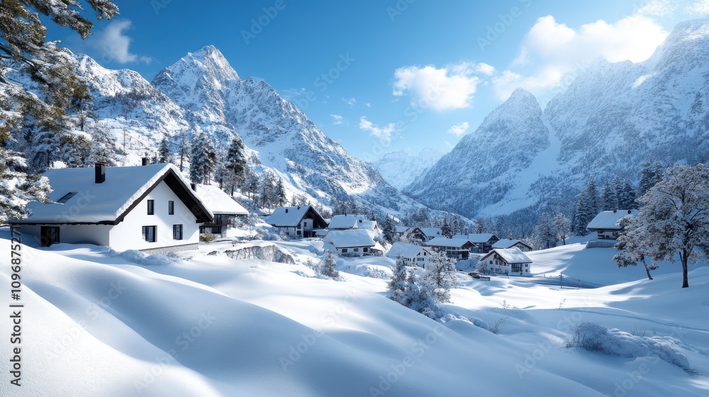 Enchanting village covered in snow with stunning mountain peaks in the background, showcasing classic alpine architecture amidst a clear blue sky and sunlight. Enchanting village covered in snow with stunning mountain peaks in the background, showcasing classic alpine architecture amidst a clear blue sky and sunlight.