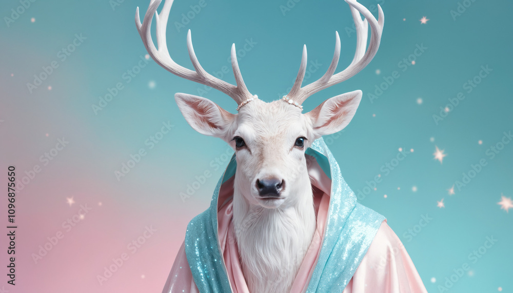 A white deer with pastel-blue crystal antlers and a shimmering pastel-pink cloak. A white deer with pastel-blue crystal antlers and a shimmering pastel-pink cloak.