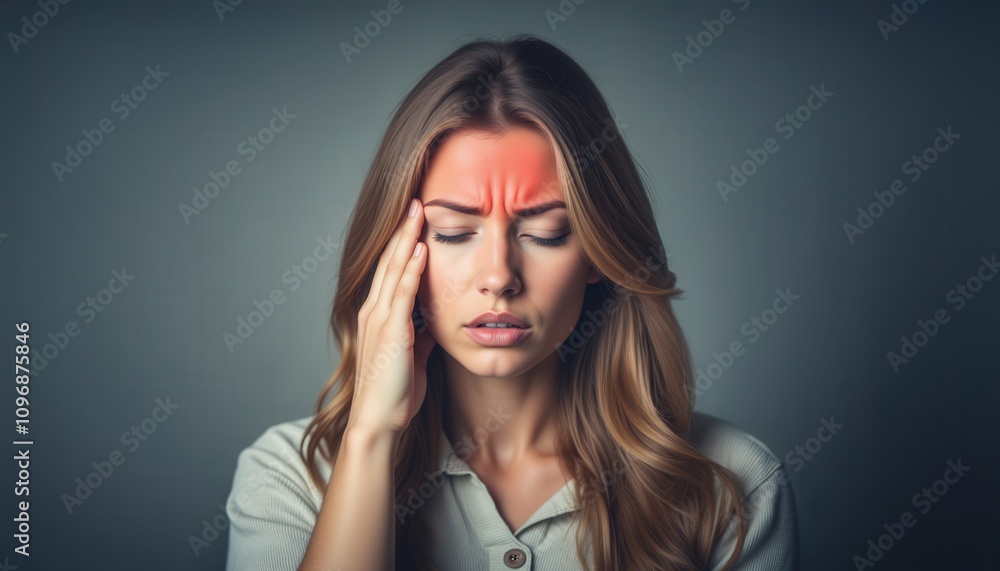 Recognize Symptoms. A woman holds her head, expressing discomfort, with an orange highlight on her forehead, suggesting a headache or stress. Recognize Symptoms. A woman holds her head, expressing discomfort, with an orange highlight on her forehead, suggesting a headache or stress.