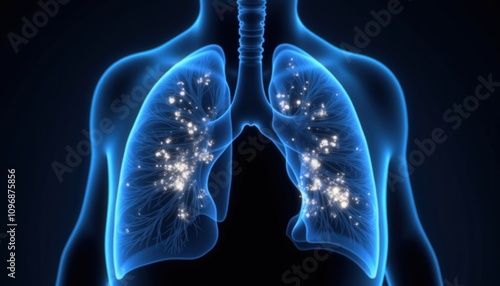Recognize Symptoms. A stylized illustration of human lungs glowing with particles, representing respiration and the importance of pulmonary health.