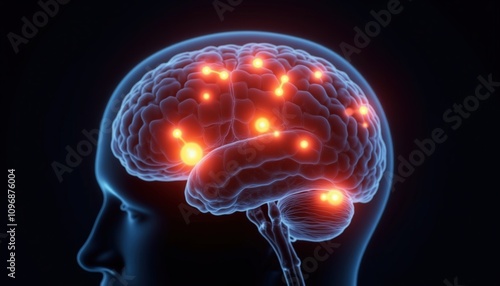 Recognize Symptoms. A digital illustration of a human brain, showcasing neural activity with glowing points, representing cognitive functions and brain research.
