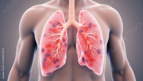 Recognize Symptoms. A detailed anatomical illustration of human lungs, showcasing intricate structures and blood vessels against a neutral background.