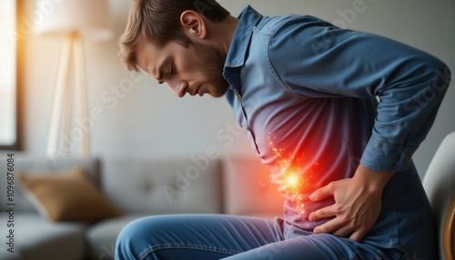 Recognize Symptoms. A man in a blue shirt experiences abdominal pain, gripping his stomach in discomfort, with a warm light effect highlighting the area of pain.