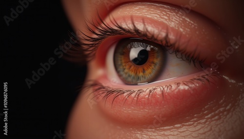 Recognize Symptoms. A close-up of a human eye showcasing intricate details, including vibrant colors and long eyelashes, against a dark background.
