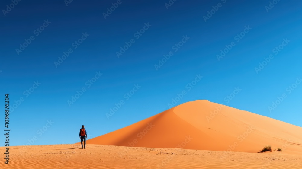 A lone traveler walks across a vast desert expanse with a towering sand dune in the background, under a vibrant blue sky, showcasing a sense of freedom and adventure. A lone traveler walks across a vast desert expanse with a towering sand dune in the background, under a vibrant blue sky, showcasing a sense of freedom and adventure.