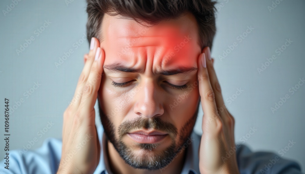 Recognize Symptoms. A man holds his head in pain, showing signs of distress, likely suffering from a headache or migraine. Recognize Symptoms. A man holds his head in pain, showing signs of distress, likely suffering from a headache or migraine.