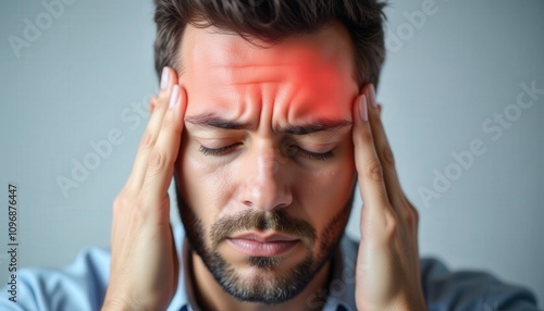 Recognize Symptoms. A man holds his head in pain, showing signs of distress, likely suffering from a headache or migraine.