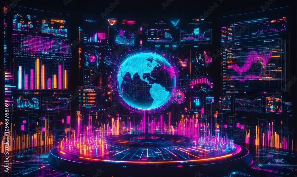 Obraz premium Neon holographic Earth, data visualizations.