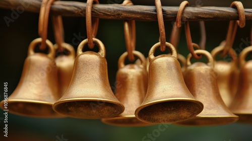 Close-up of small, golden bells hanging from a wooden branch. photo