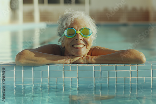 Happy Senior old Woman Swimming in Pool Wearing Green Goggles, Relaxing and Enjoying Active Lifestyle in Bright Dayligh photo