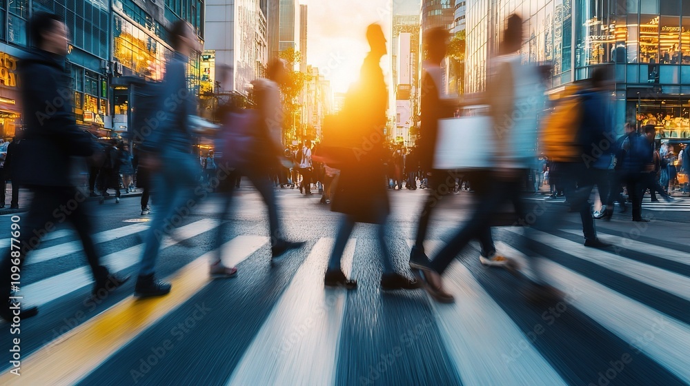 Fototapeta premium Intentional Motion Blur of Vibrant Crowds Crossing the Street