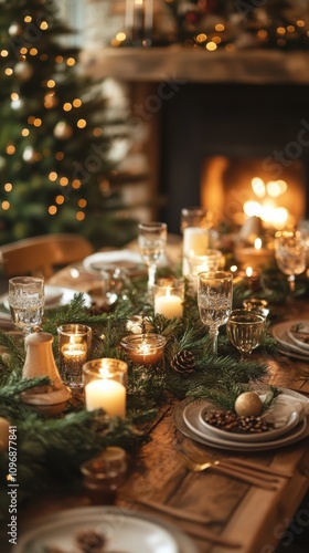 Elegant holiday dinner table setting with candles and christmas tree