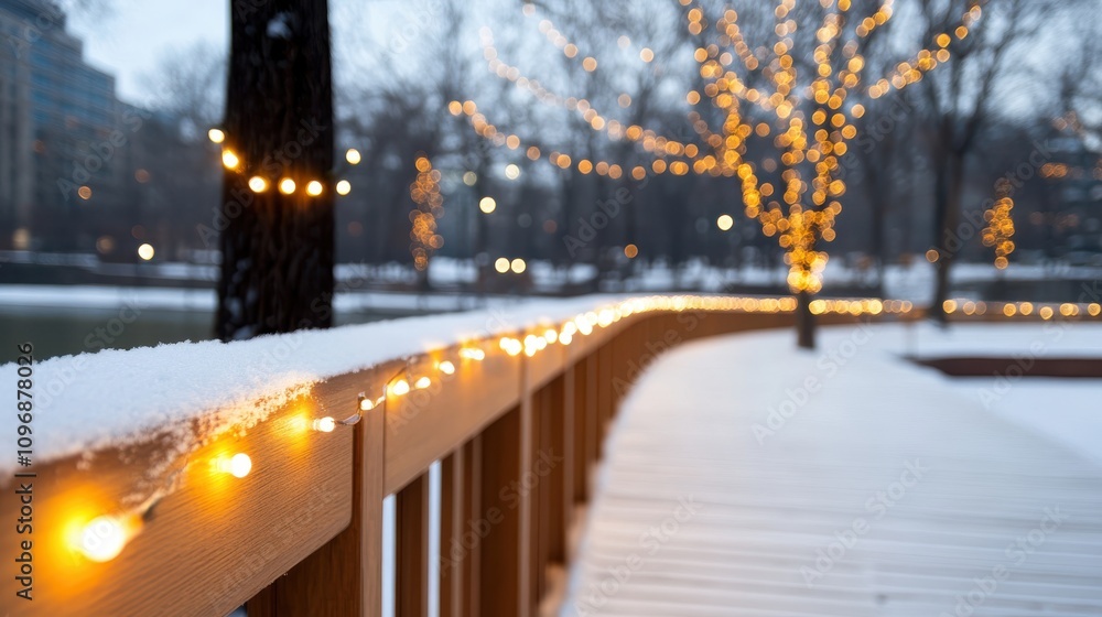 A glowing path lined with holiday lights in a snowy park creates an inviting, peaceful winter scene, perfect for a tranquil evening walk. A glowing path lined with holiday lights in a snowy park creates an inviting, peaceful winter scene, perfect for a tranquil evening walk.