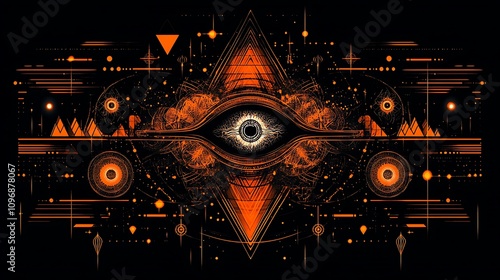 Abstract eye with geometric patterns and orange accents on black background.