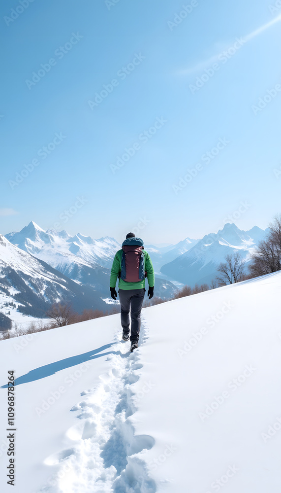 Winter adventure with a hiker trekking up a snowy hillside, distant snow-covered mountains under bright daylight
Winter adventure with a hiker trekking up a snowy hillside, distant snow-covered mountains under bright daylight