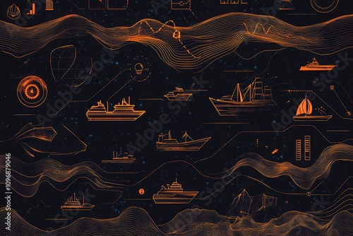 A stylized illustration featuring various boats and ships against a dark background, highlighting nautical elements and maritime themes. photo