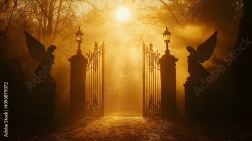 Heavenly gates glowing in golden mist flanked by statues of serene angels.