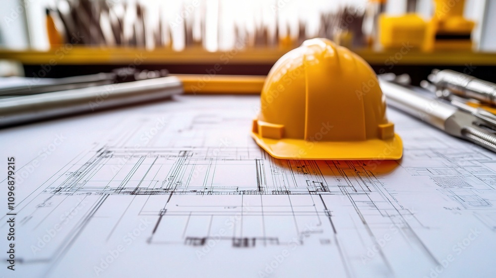 Detailed Engineering Drawings with Tools and Safety Helmet on Desk Detailed Engineering Drawings with Tools and Safety Helmet on Desk