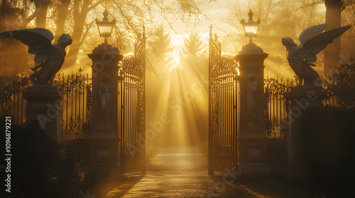 Heavenly gates glowing in golden mist flanked by statues of serene angels.