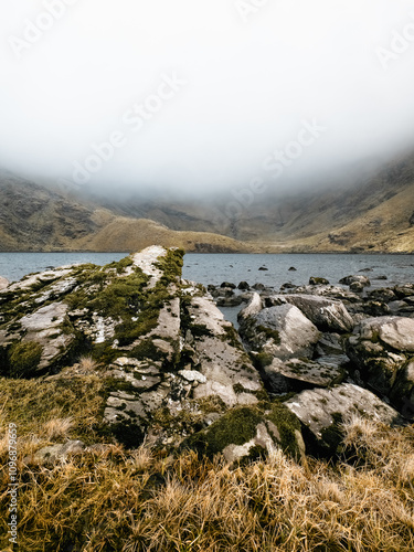 A misty landscape featuring a lake surrounded by a mountain range. The scene is dominated by gray hues, with patches of green vegetation visible. photo