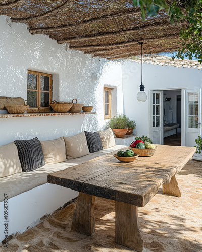 Natural outdoor dining area with rustic table and cozy seating under shaded canopy