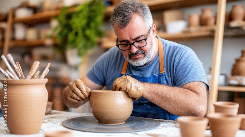 A man with glasses concentrates deeply as he molds a clay pot in a bright studio, demonstrating the intricate and patient art of pottery crafting.