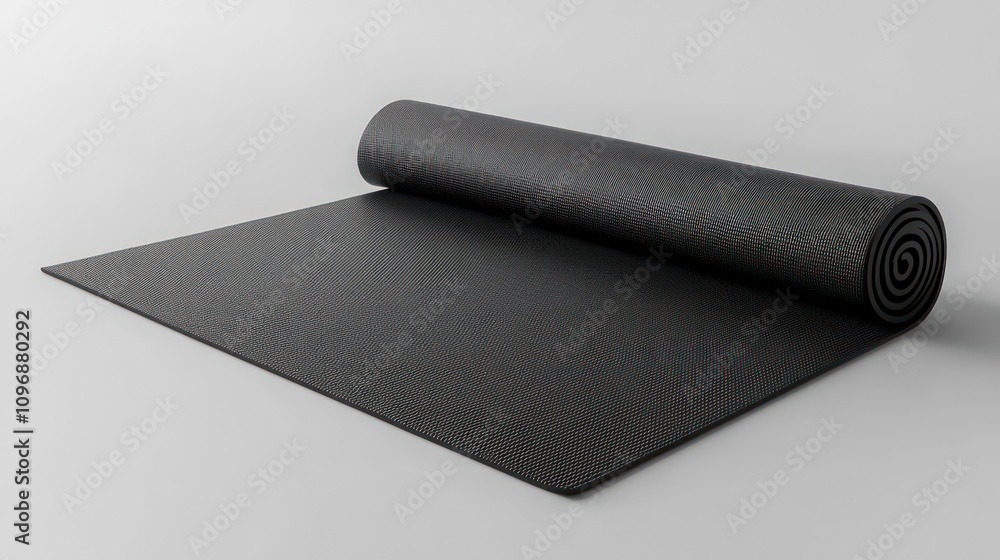 Rolled up black yoga mat with a textured surface, partially unrolled on a white background. Rolled up black yoga mat with a textured surface, partially unrolled on a white background.
