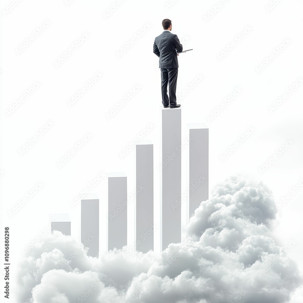 Businessman stands atop bar graph, clouds below. Businessman stands atop bar graph, clouds below.