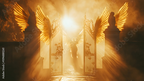 Heavenly gates illuminated by a warm golden light with angels in the background. photo