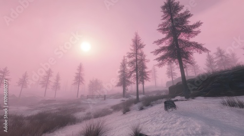 Wallpaper Mural Pink sunrise over a snowy, foggy forest. Torontodigital.ca