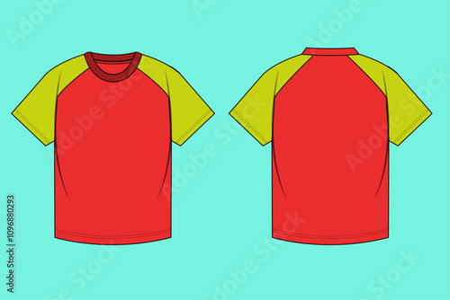 Mens retro colour block raglan sleeve round neck t-shirt flat sketch 