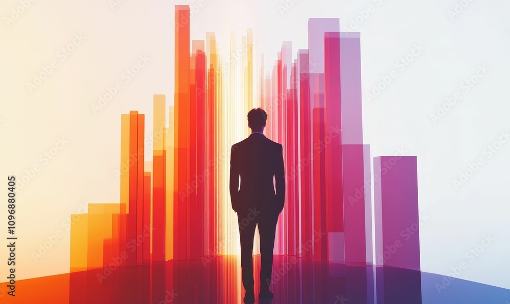 Businessman facing colorful, tall bar graph. Businessman facing colorful, tall bar graph.