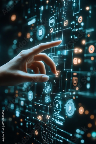 Hand pointing at a futuristic interface with digital icons