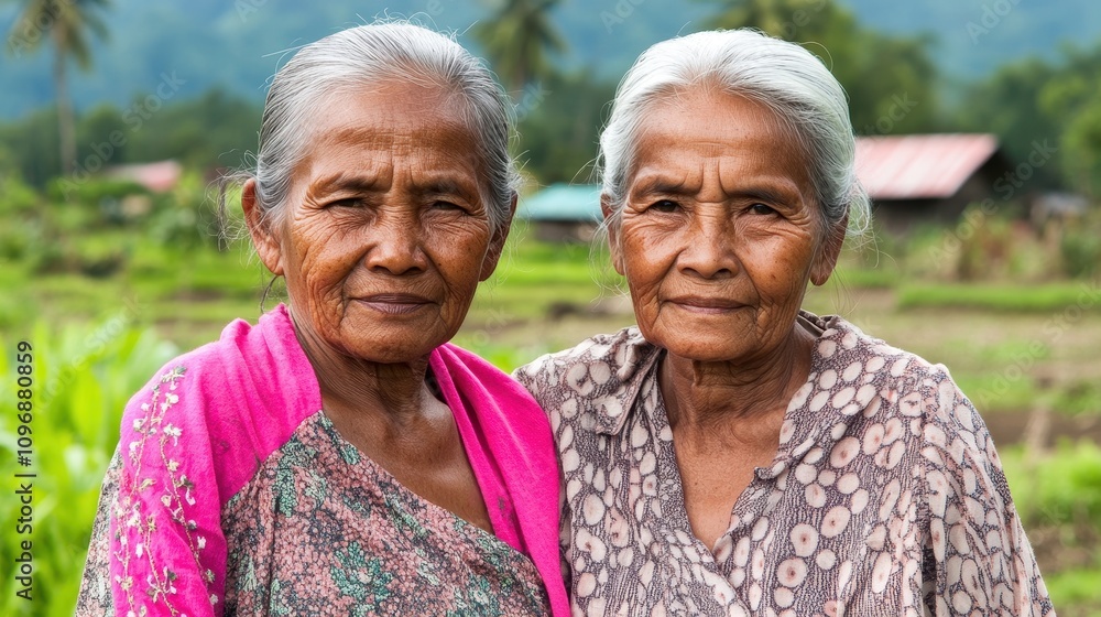 Two elderly women stand close together, gazing directly at the camera. They appear to be sisters or close friends, sharing a moment of quiet strength. The background features a rural landscape. Two elderly women stand close together, gazing directly at the camera. They appear to be sisters or close friends, sharing a moment of quiet strength. The background features a rural landscape.
