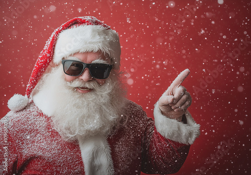 Photo of retired old man grey beard open mouth smile direct fingers best option wear Santa x-mas costume gloves coat sunglass headwear isolated red color background 