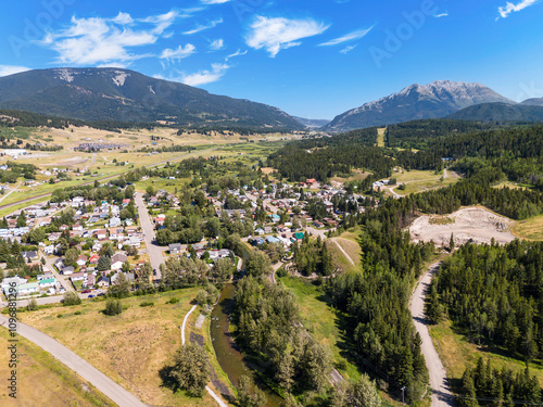 Historic Coal Town aerial overlooking distant Turtle Mountains and bike paths along the Crowsnest Pass. photo