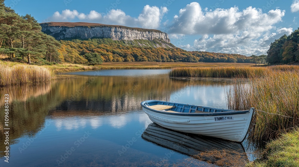 Fototapeta premium Serene Lakeside Boat with Mountain Reflection